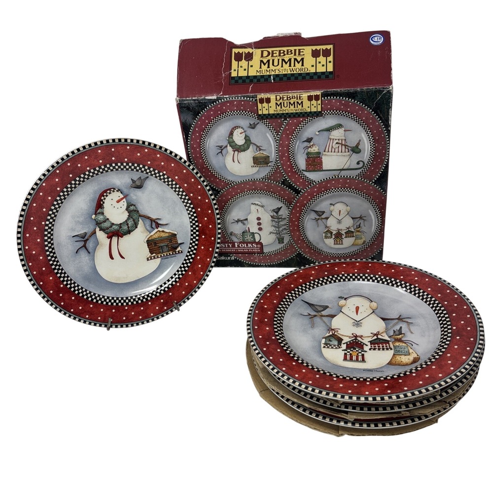 Debbie Mumm Frosty Folks Snowman Dessert Salad Plate Set of 4 Sakura Red Black‎